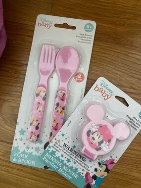 Disney Baby Pink Minnie Mouse Fork & Spoon Set with Minnie Pacifier Holder